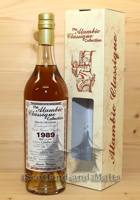 Cambus 1989 - 32 Jahre Sherry Cask No. 21022 mit 60,8% Lowland single Grain scotch Whisky von The Alambic Classique Collection